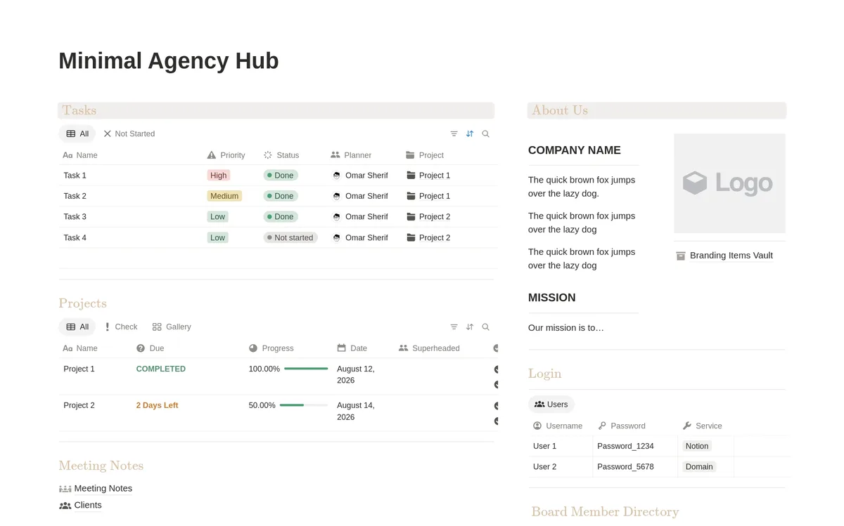 Minimal Agency Hub Notion Template Preview