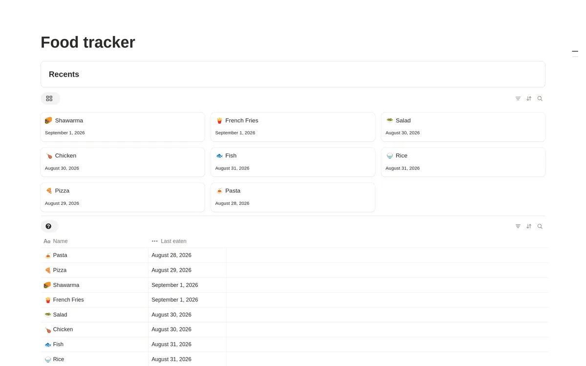 Simple food tracker Notion Template Preview