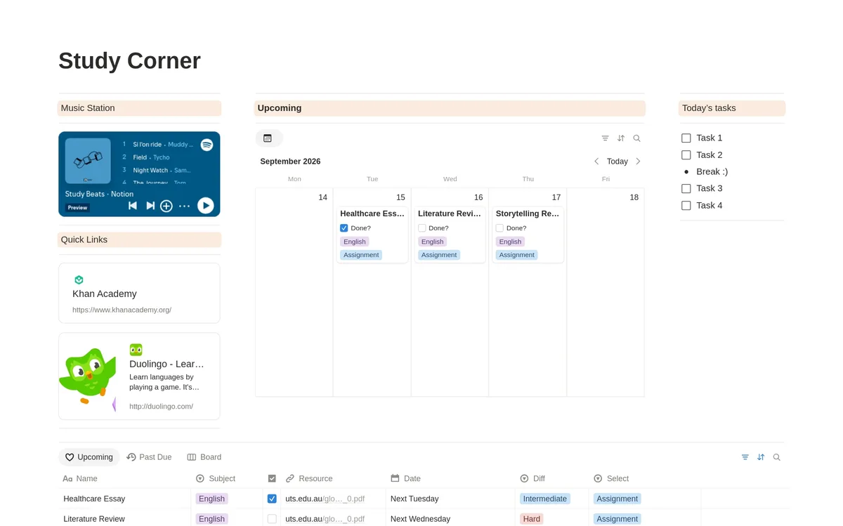 Minimal Study Planner & Tracker Notion Template Preview